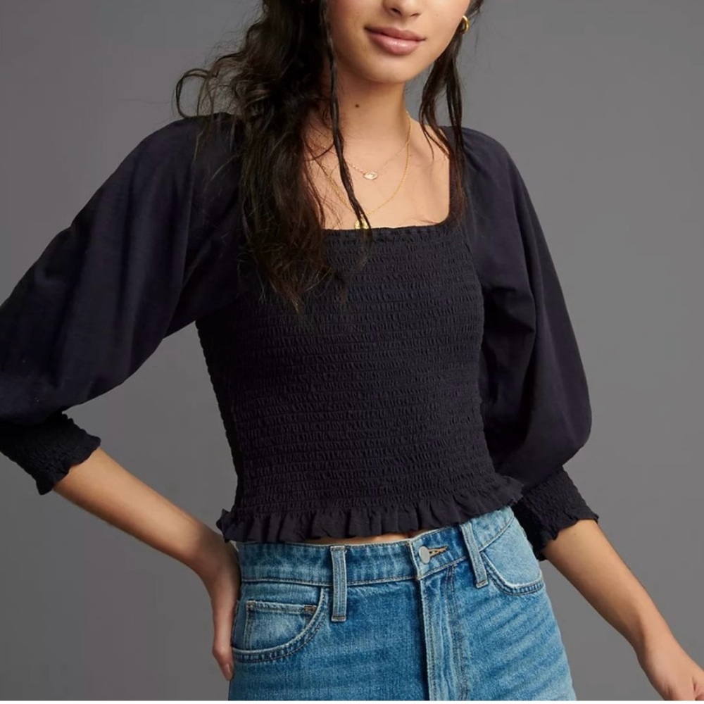 Anthropologie Pilcro Ginny Smocked Crop Top Color: Black Size: Medium